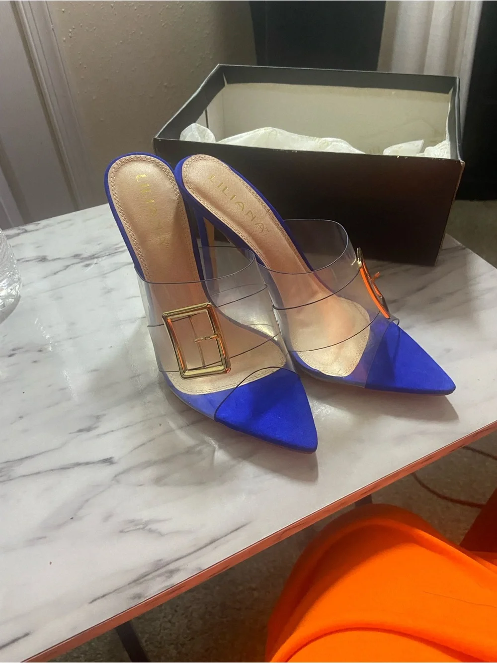 Transparent Strap Pointed Mule in Cobalt Blue with Gold Buckle